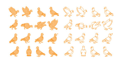 Diverse Collection of Orange Pigeon Illustrations in Textured and Outline Styles