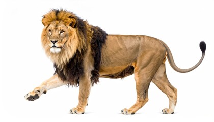 Majestic male lion walking, powerful pose, isolated on white background