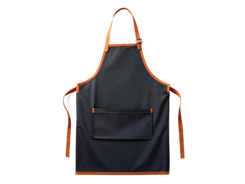 Black fabric apron with orange trim and a pocket, isolated on transparent background