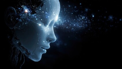 Obraz premium Cybernetic woman, profile view, glowing, cosmic energy