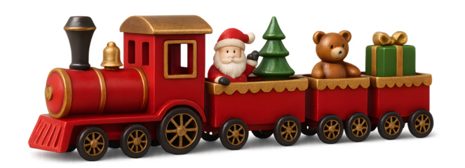 A red train with Santa Claus and two teddy bears on it