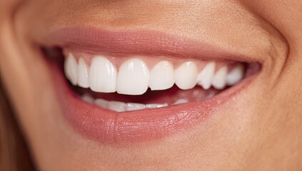 Obraz premium Close-up of a woman's mouth, teeth, and lips smiling brightly. Healthy, white teeth are prominently displayed
