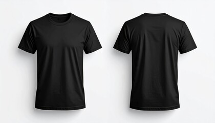 Front and back views of a plain black t-shirt on a white background.