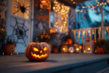 Obraz premium Photorealistic Jack-o'-lantern on Porch with Halloween Decorations at Dusk