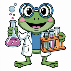 Cartoon frog wearing a lab coat and glasses, holding colorful test tubes. Isolated on white, perfect for education, science, and children’s illustrations.