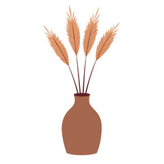 Aesthetic dried pampas grass in bohemian vase on white background.eps
