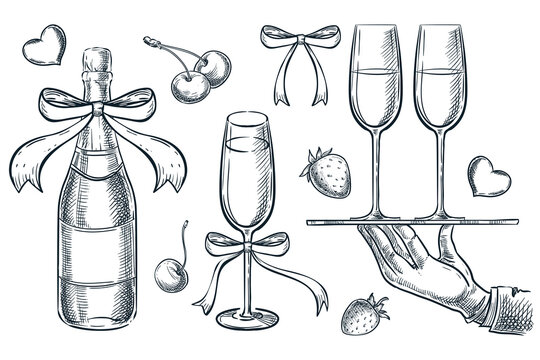 Vector sketch illustration with champagne, bow, glass, waiter tray. Holiday design elements for party, invitation, menu