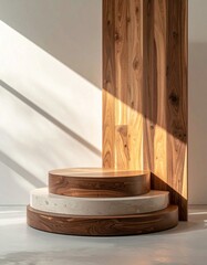Three Tiered Product Display Podium with Wood and Concrete in Studio Setting