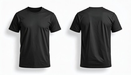 Front and back views of a plain black t-shirt isolated on white.