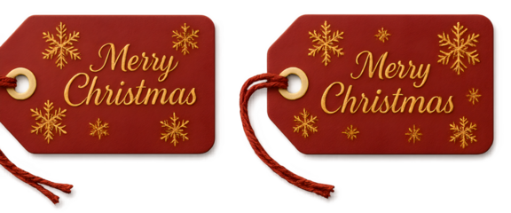 Two red tags with snowflakes and the words Merry Christmas written on them