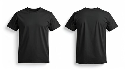 Front and back views of a plain black t-shirt isolated on white