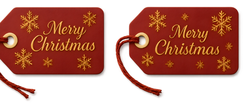 Two red tags with snowflakes and the words Merry Christmas written on them