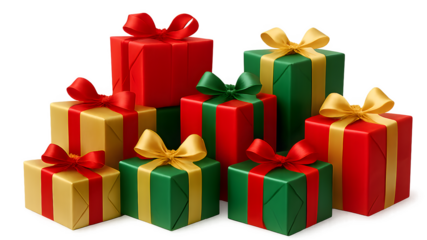 A stack of presents with red, green, and yellow ribbons