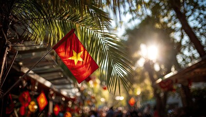 Obraz premium Small red flag with yellow star, sunlit, palm leaves, market scene