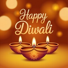 Happy diwali greeting with three lit diyas and bokeh background, celebrating the festival of lights with traditional oil lamps and warm glow