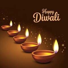 Happy diwali greeting with a row of illuminated diyas on a dark brown background with sparkling lights