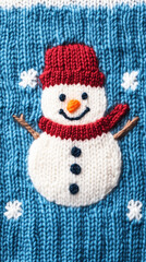 A charming handcrafted knitted snowman radiates warmth and joy, a cheerful emblem of winter amidst a backdrop of festive coziness.