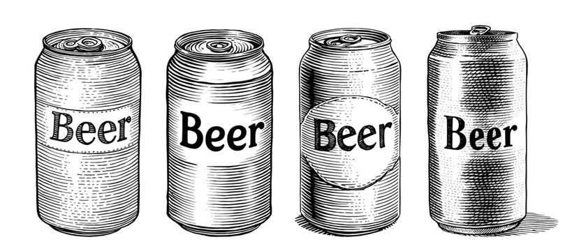 Beer cans in an engraving style, in black and white