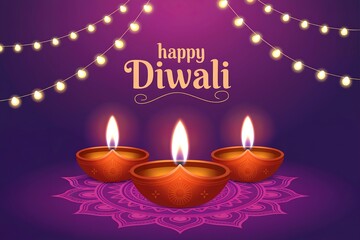 Happy diwali celebration with three lit diyas and decorative lights on a purple background with mandala