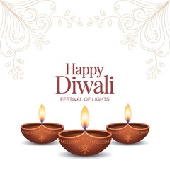 Happy diwali festival of lights with three diyas isolated on white background