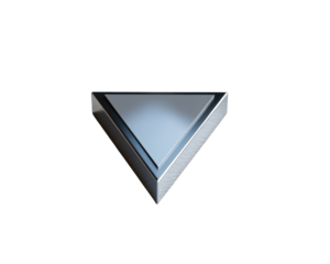 3D rendered, metallic, downward-pointing triangle.  Light gray/silver color.  Sharp edges.  Geometric shape