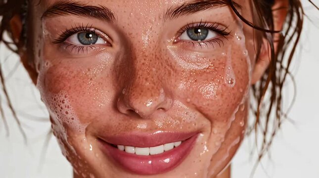 young woman with her eyes open, gently washing her face with soft cleansing foam, health, beauty, skin health