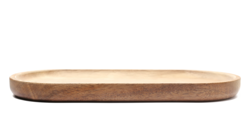 Oval wooden plate isolated on white background, side view	