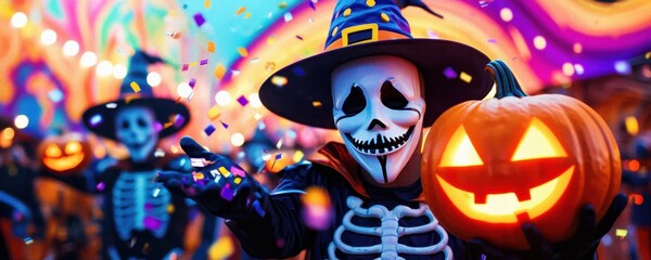 A colorful halloween celebration featuring a skeleton in a witch's hat holding a glowing jack-o'-lantern amidst vibrant decorations and confetti.