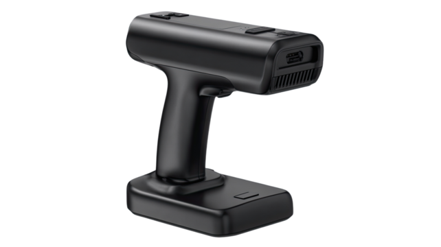 Black handheld device, likely a cordless tool, angled.  Features a long handle and a rectangular battery pack base.  Dark gray/black, smooth surface