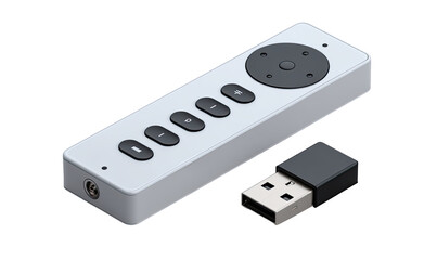 Flat-lay of a light gray audio control device with a circular dial and five buttons, alongside a small black USB dongle