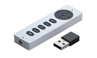 Flat-lay of a light gray audio control device with a circular dial and five buttons, alongside a small black USB dongle