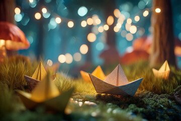 Paper boats on mossy ground with bokeh lights in forest origami boat nature