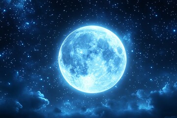 The mystical night sky shines with a luminous blue moon and is adorned with a stunning constellation of twinkling stars