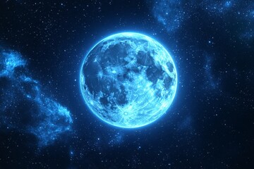 A luminous blue moon glows brightly in the mystical night sky, surrounded by a beautiful constellation of twinkling stars