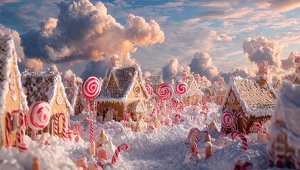 A gingerbread village scene, nestled in a snowy landscape, under a dramatic sky