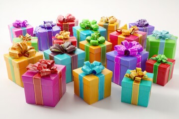 Colorful gift boxes with ribbons in various sizes and shapes for celebrations
