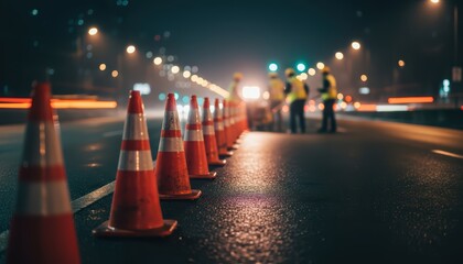 Nighttime road construction scene with safety cones and workers under streetlights