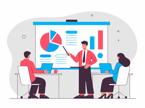 Businessman presenting data analytics on whiteboard during formal team meeting presentation