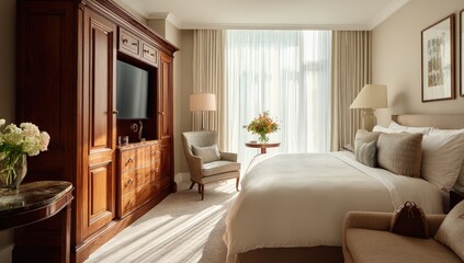 Obraz premium Luxurious bedroom with rich wood furnishings and sunlight streaming through large windows