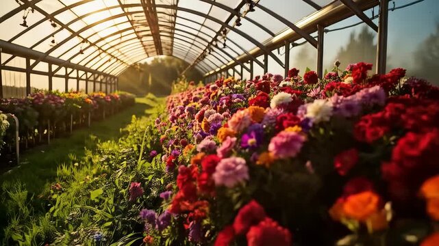indoor view of glasshouse with colorful flowers with copy space