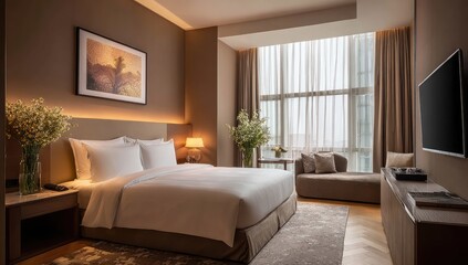 Luxurious hotel suite bedroom with panoramic city view