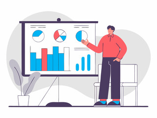 Man giving presentation on sales performance using large monitor with colorful charts
