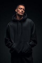 Obraz premium Stylish Man in Black Hoodie Posing Confidently Against a Dark Background
