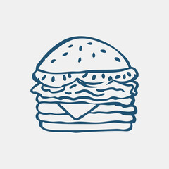 Hand drawn doodle of a burger with salad and meat. Food vector illustration.