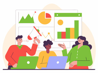 Marketing team creating advertising campaign strategy using laptops charts and mood boards