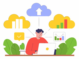 Office worker typing on laptop surrounded by cloud icons digital marketing and analytics