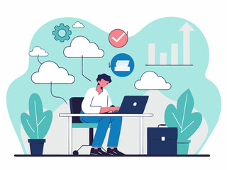 Office worker typing on laptop surrounded by cloud icons digital marketing