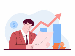 Professional man in suit analyzing financial growth report with upward graph and coins
