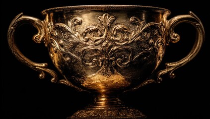 Ornate golden trophy cup, close-up.  Detailed carvings, two handles, dark background