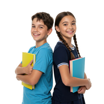 Two smiling young students holding books standing back to back isolated on transparent background ready for learning